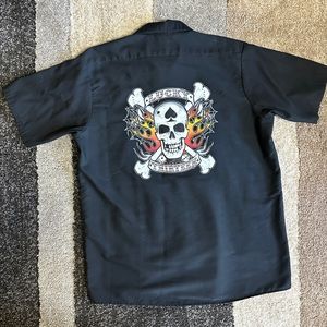 Vintage Lucky 13 Red Kap Skull & Flames Back Printed Mechanic's Shirt Sz L